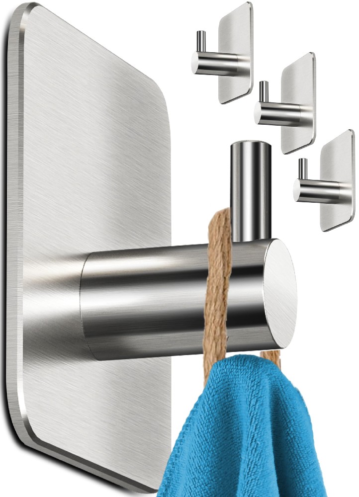 Menz Handtuchhalter ohne Bohren, 4 Haken im Set – Wasserfeste Klebehaken, Edelstahl Handtuchhaken für Bad, hochwertige Haken selbstklebend, Badezimmer Handtuchhalter mit hoher Tragkraft
